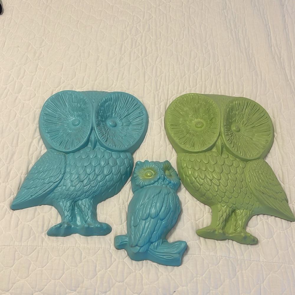Set 3 Decorative Owls turquoise light green Boho Wall Hangings MCM Eclectic 1970